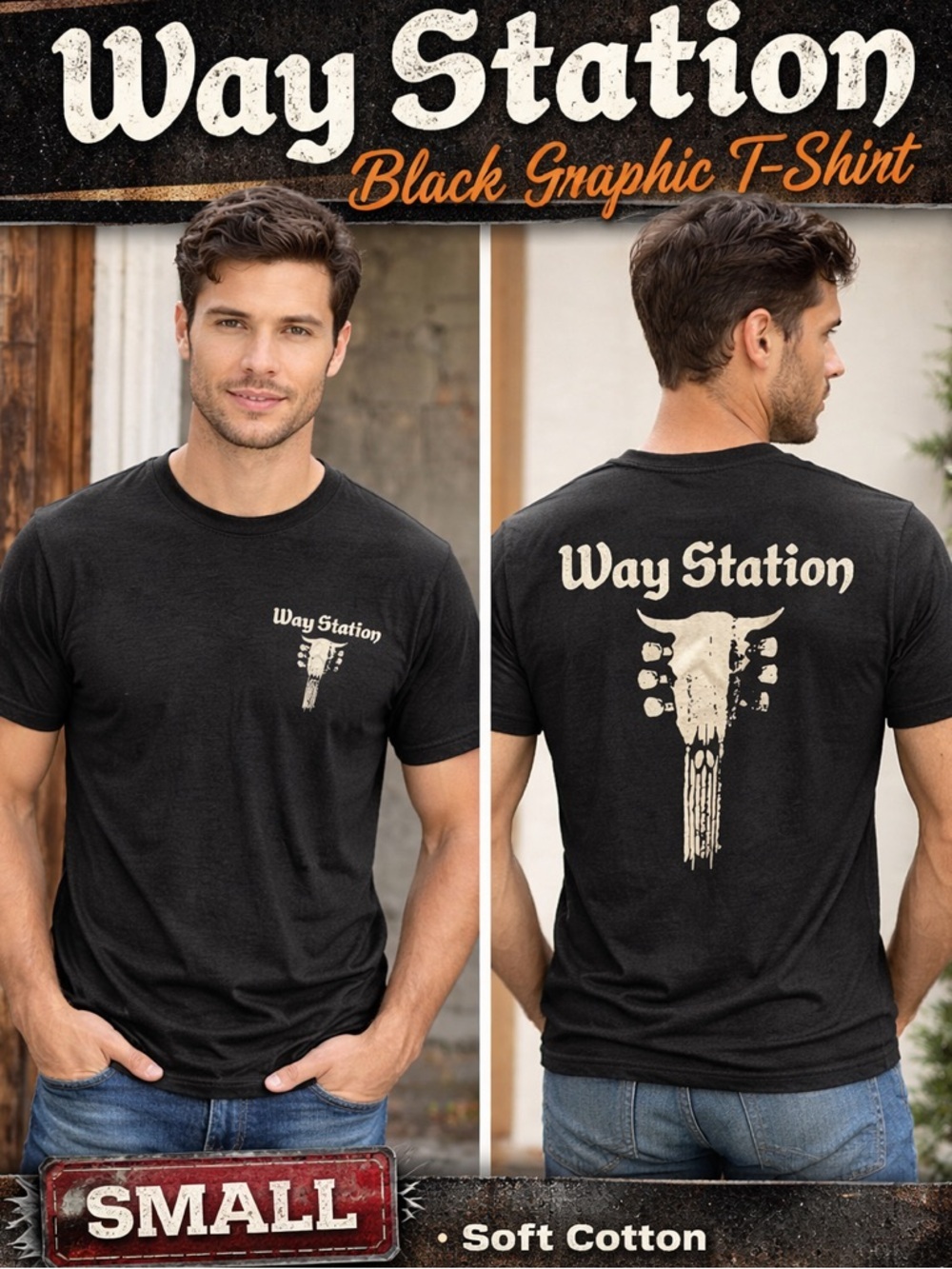 Jerzees way station Black Graphic T-Shirt SMALL